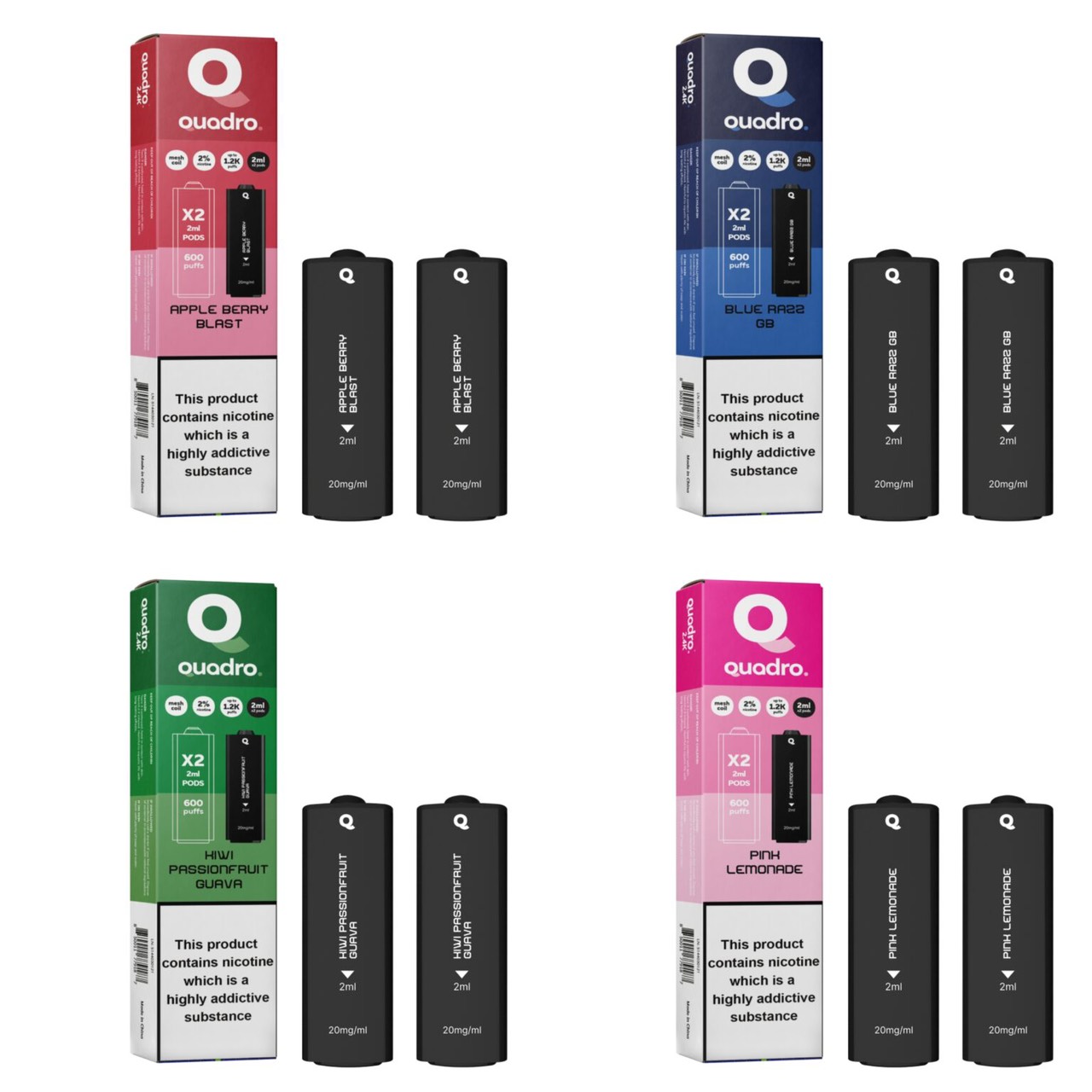 Quadro ニコチン入り使い捨てベイプ交換用ポッド (2個入り/箱)